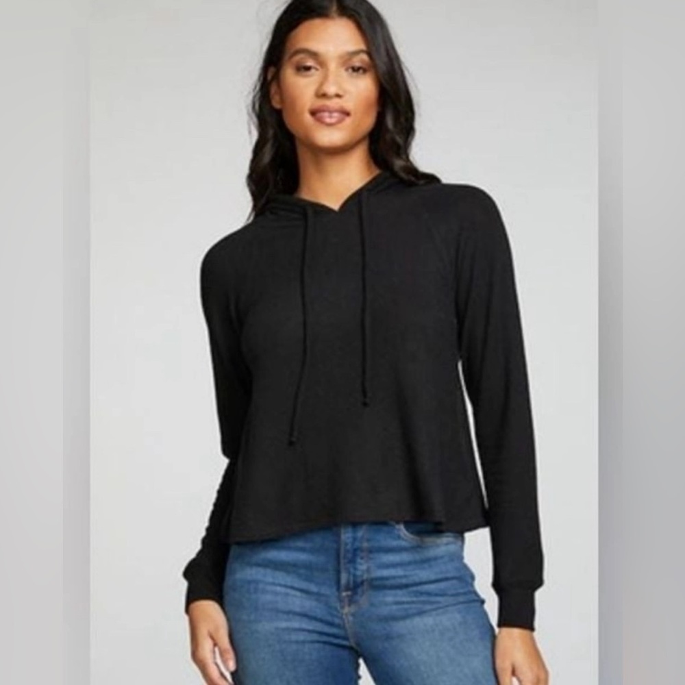 Chaser soft light weight black hooded long sleeve knit top S
